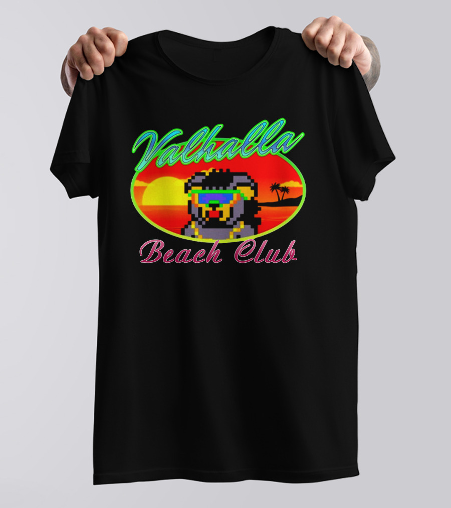 Valhalla Beach Club 80s Retro Pixel Sunset And Palm Trees T-Shirt