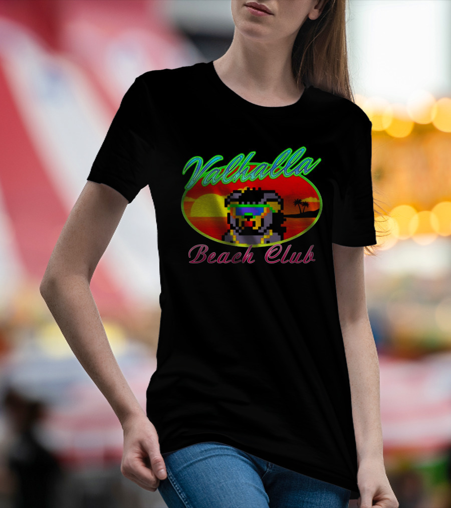 Valhalla Beach Club 80s Retro Pixel Sunset And Palm Trees T-Shirt