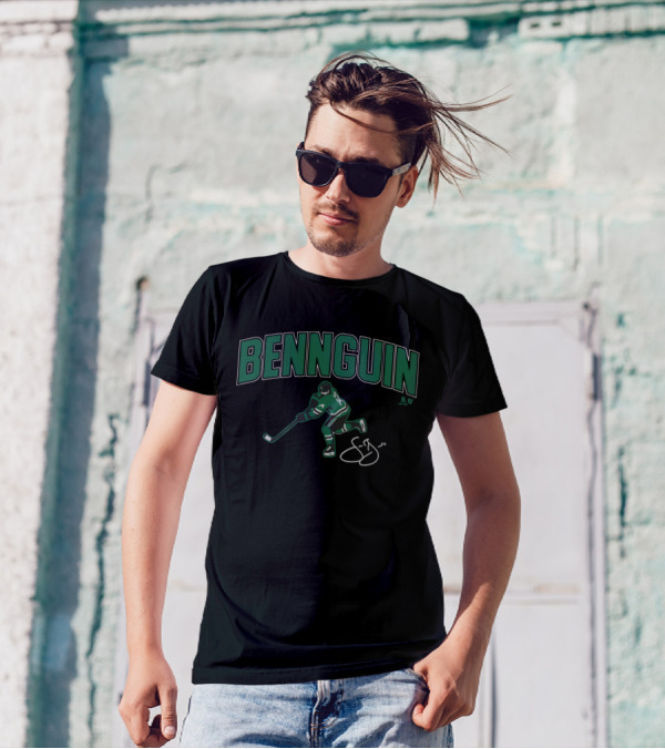 Bennguin Hockey Player Silhouette In Green And White With Signature T-Shirt