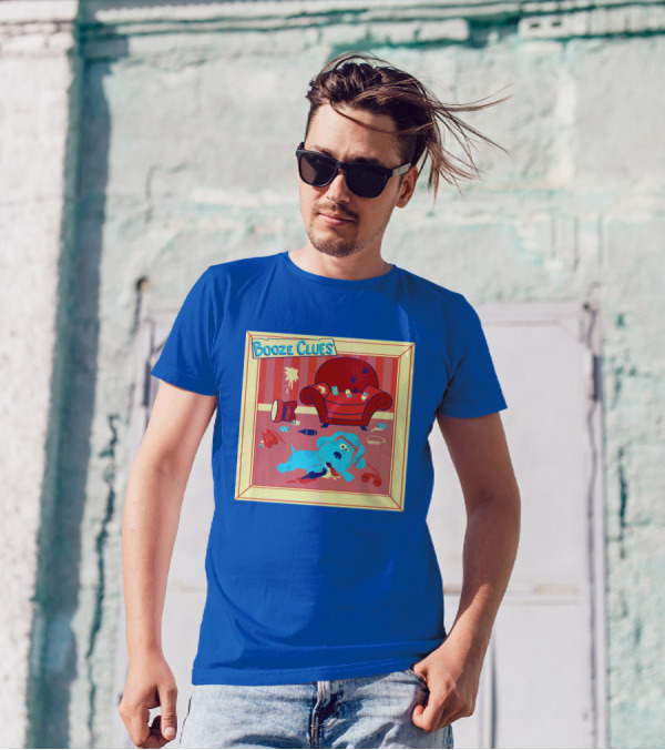 Booze Clues Blue Dog Party Mess With Cans And Couch T-Shirt