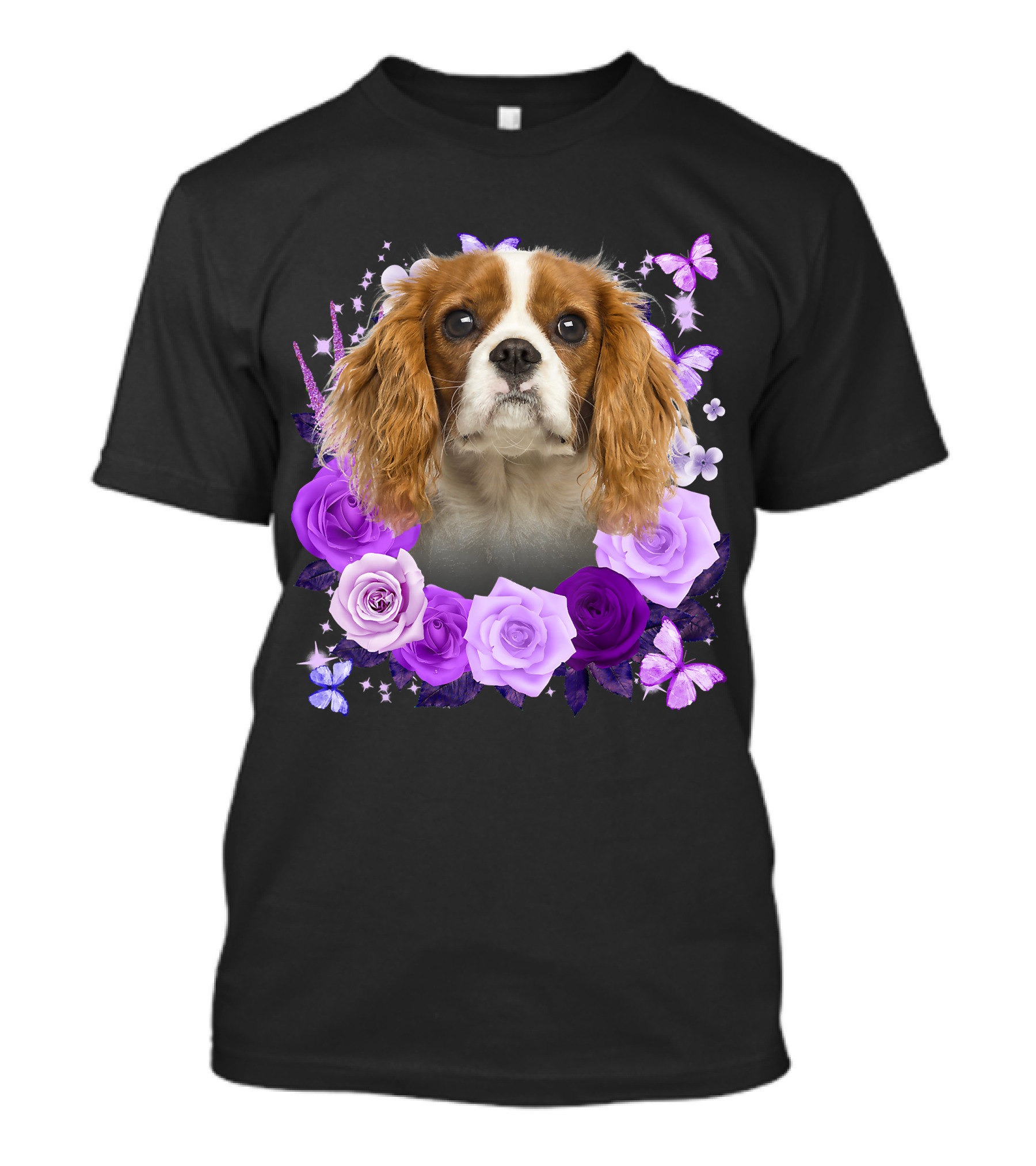 Purple Bloom With Flowers And Butterflies Featuring Cavalier King Charles Spaniel Floral Arrangement T-Shirt
