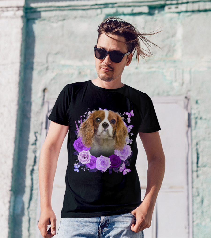 Purple Bloom With Flowers And Butterflies Featuring Cavalier King Charles Spaniel Floral Arrangement T-Shirt