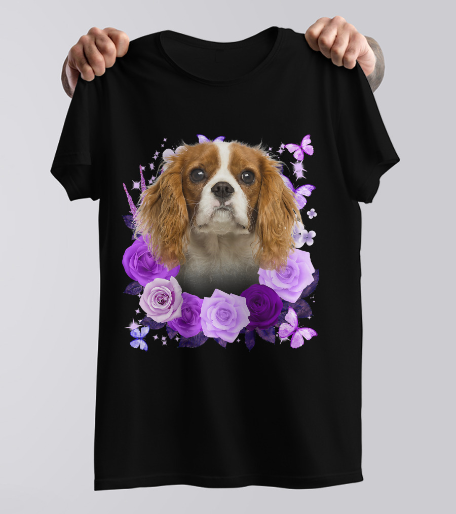 Purple Bloom With Flowers And Butterflies Featuring Cavalier King Charles Spaniel Floral Arrangement T-Shirt