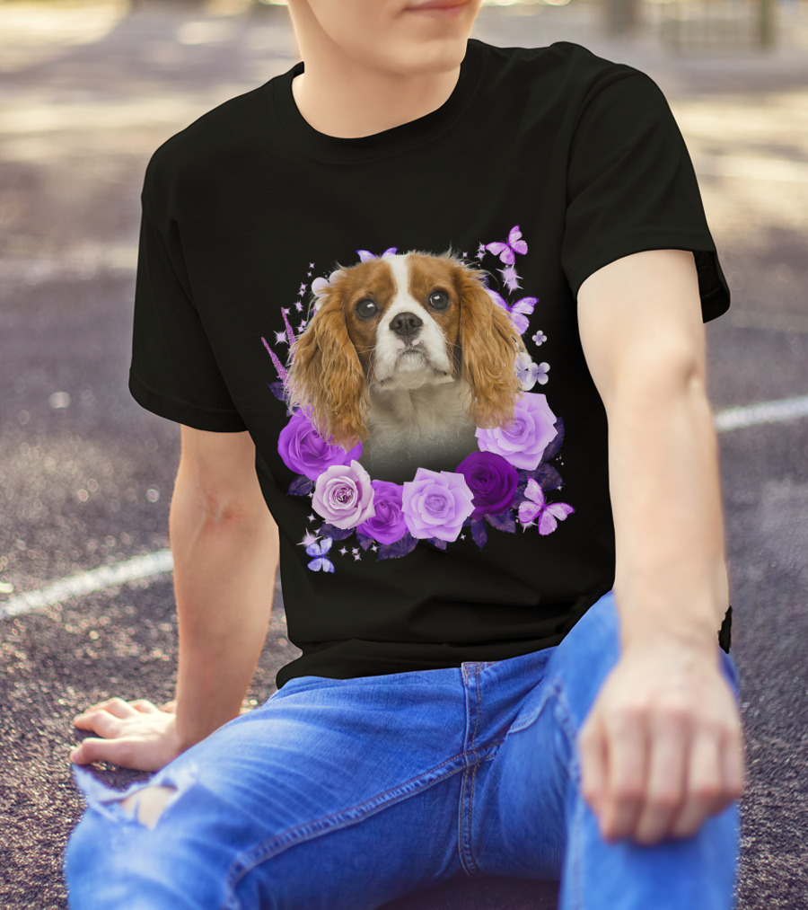 Purple Bloom With Flowers And Butterflies Featuring Cavalier King Charles Spaniel Floral Arrangement T-Shirt