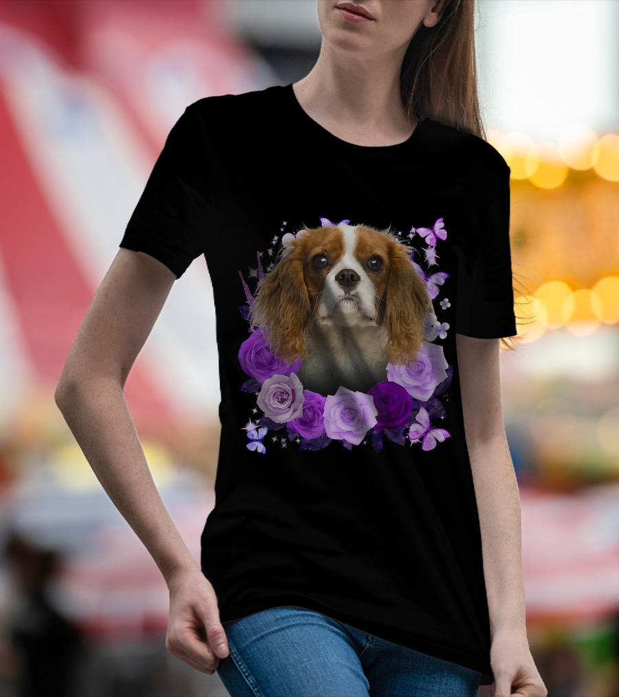 Purple Bloom With Flowers And Butterflies Featuring Cavalier King Charles Spaniel Floral Arrangement T-Shirt