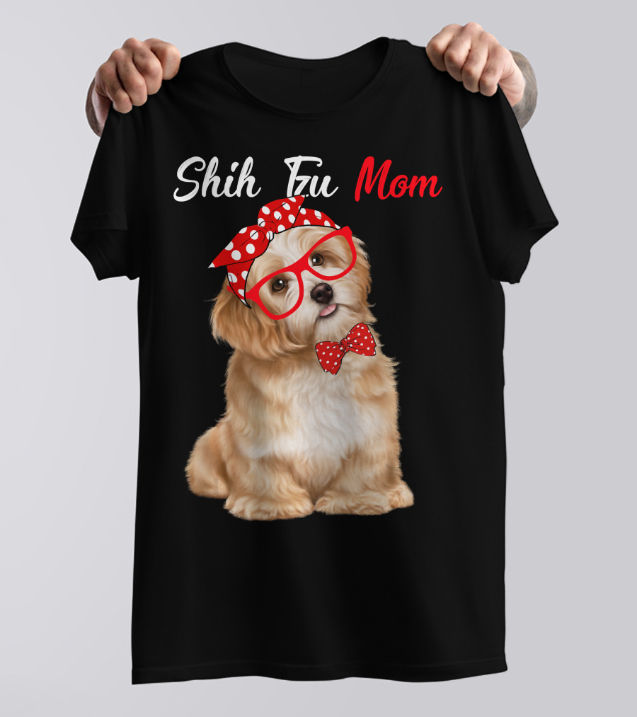 Shih Tzu Mom Red Glasses And Polka Dot Bow Accessories T-Shirt
