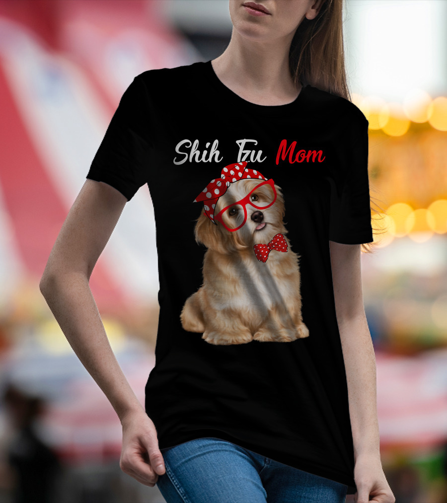 Shih Tzu Mom Red Glasses And Polka Dot Bow Accessories T-Shirt