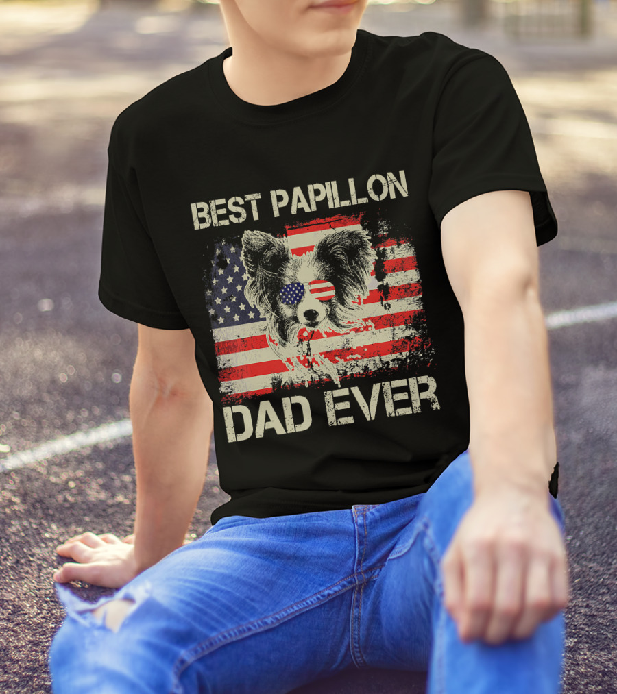 BEST PAPILLON DAD EVER American Flag Papillon T-Shirt