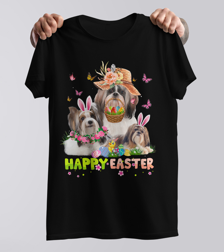 Shih Tzu Dogs With Bunny Ears And Easter Eggs Celebrating Happy Easter T-Shirt