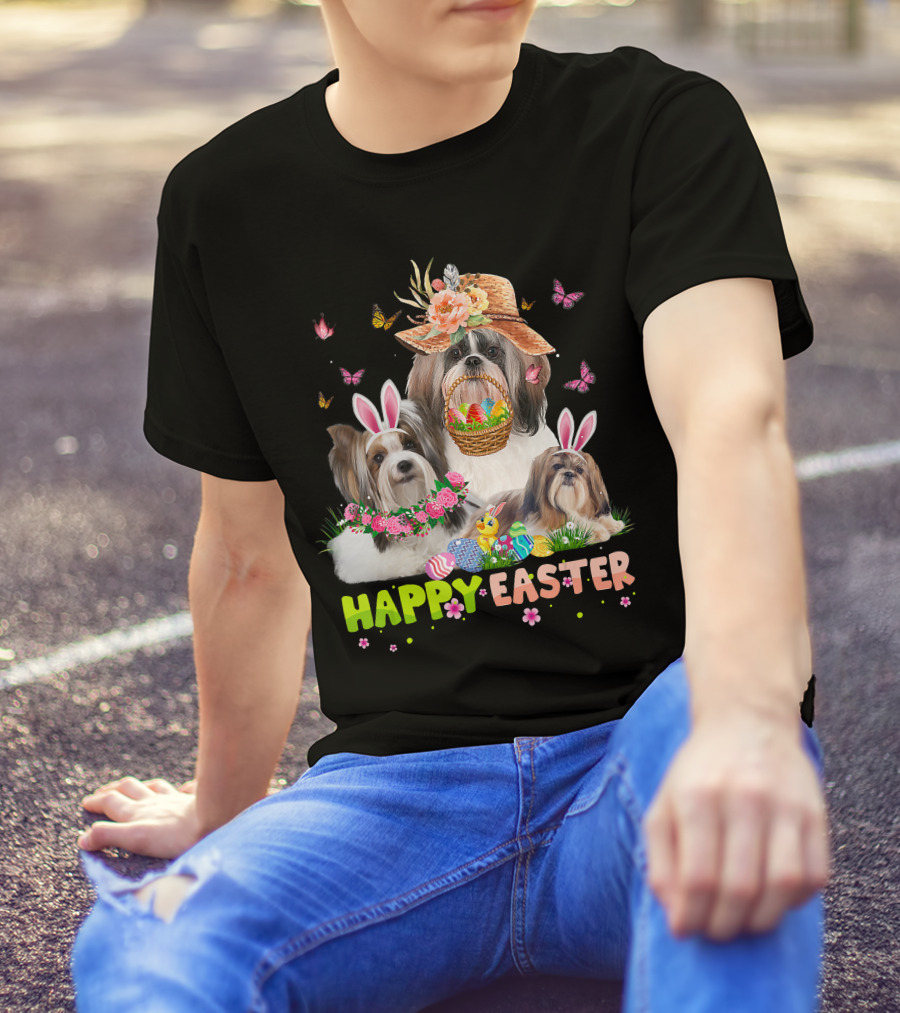 Shih Tzu Dogs With Bunny Ears And Easter Eggs Celebrating Happy Easter T-Shirt
