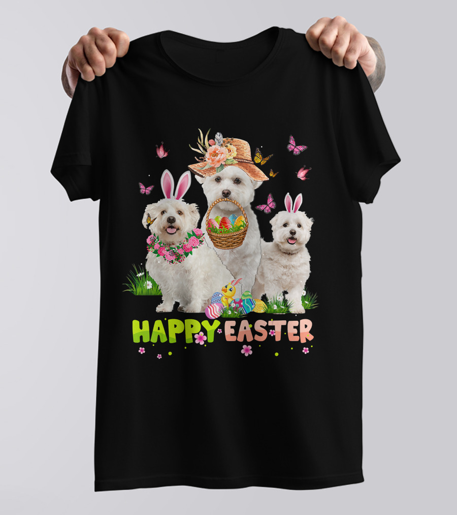 Happy Easter Maltese Dogs Bunny Ears Basket Eggs Butterflies T-Shirt