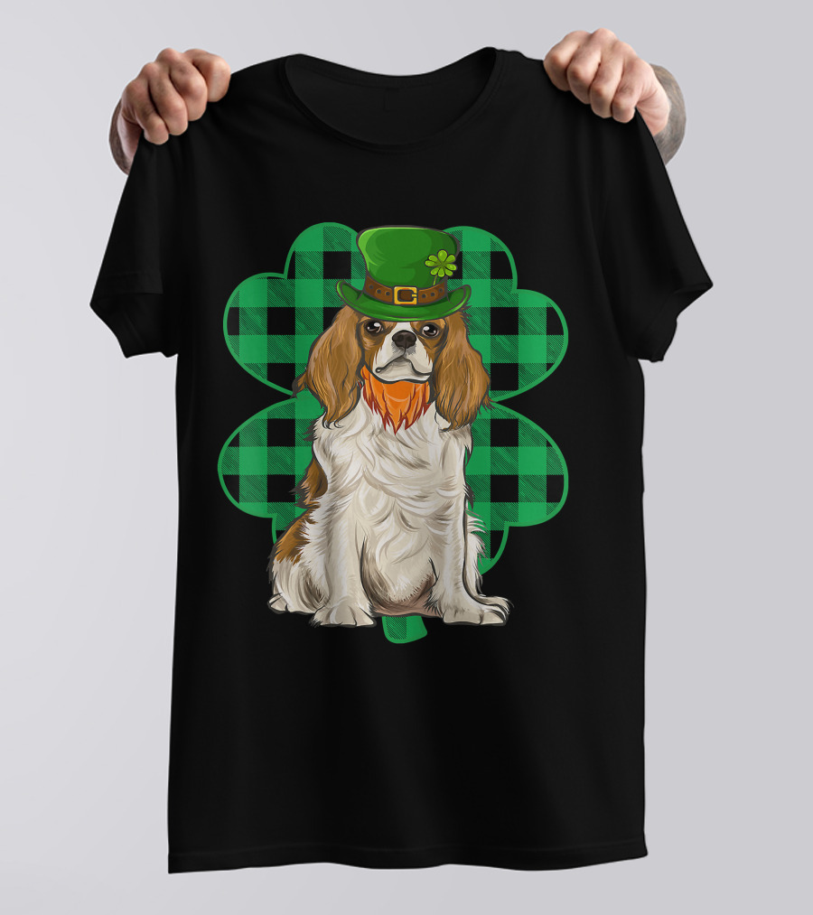 King Charles Spaniel Leprechaun With Shamrock Hat And Plaid Clover T-Shirt
