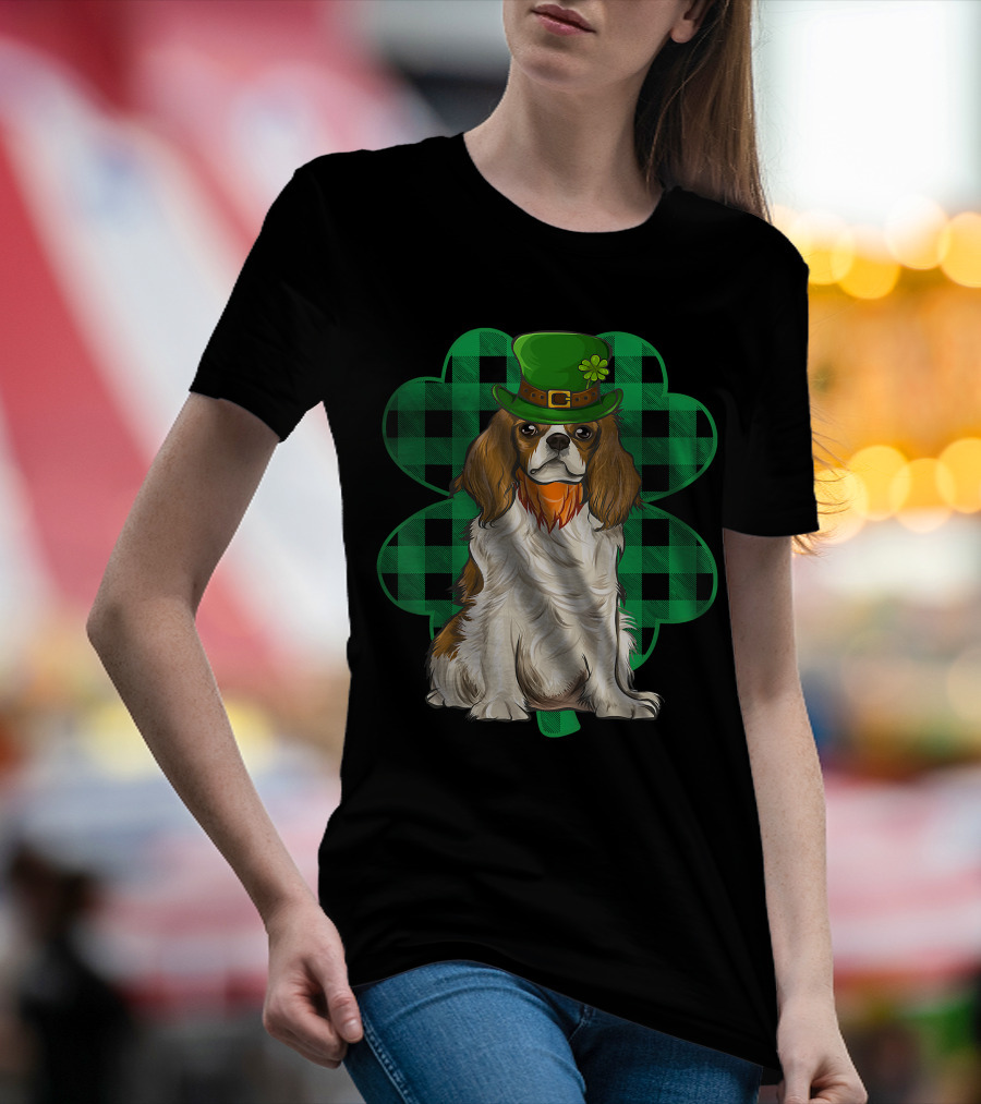 King Charles Spaniel Leprechaun With Shamrock Hat And Plaid Clover T-Shirt