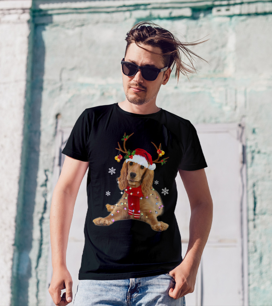 Cocker Spaniel In Santa Hat With Christmas Lights And Reindeer Antlers T-Shirt