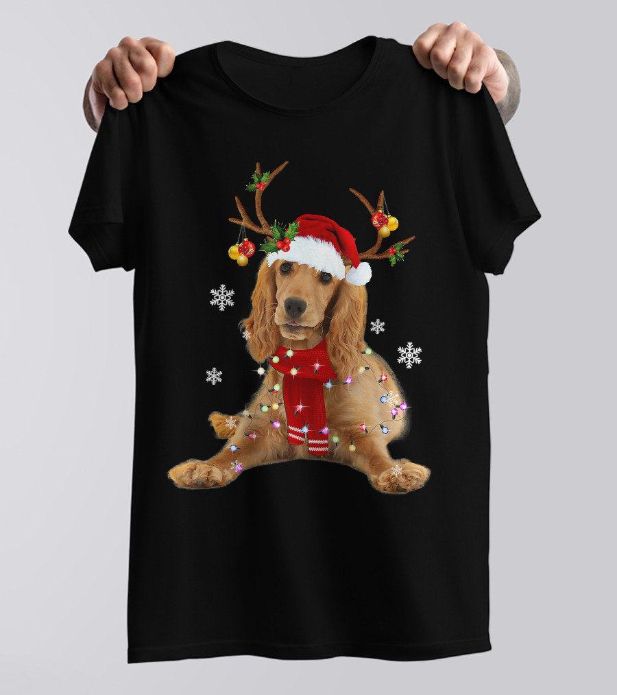Cocker Spaniel In Santa Hat With Christmas Lights And Reindeer Antlers T-Shirt