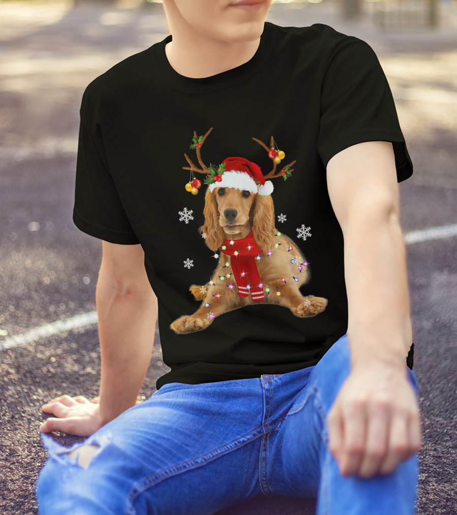 Cocker Spaniel In Santa Hat With Christmas Lights And Reindeer Antlers T-Shirt