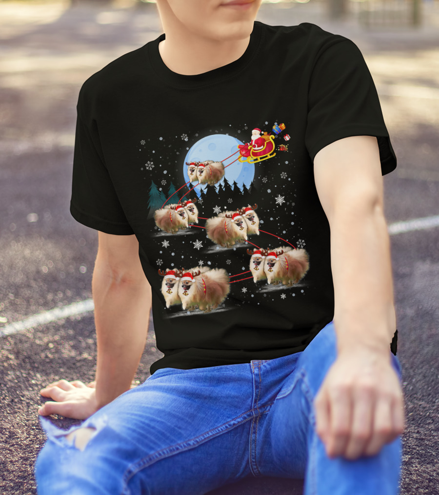 Pomeranian Reindeer Santa Sleigh Christmas Under Moonlight T-Shirt