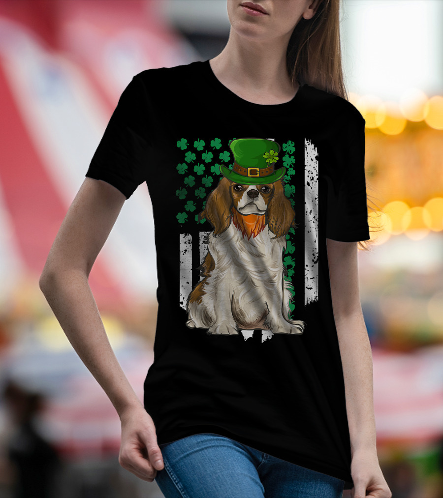 King Charles Spaniel St Patricks Day Irish Dog With Green Hat And Shamrocks T-Shirt