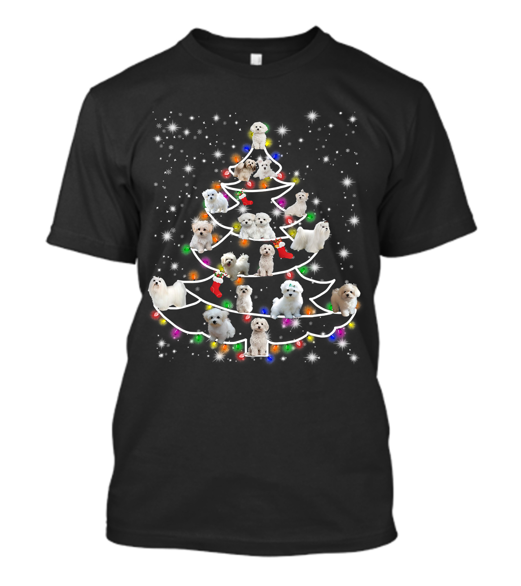 Maltese Dogs Christmas Tree Fairy Light Holiday Scene T-Shirt