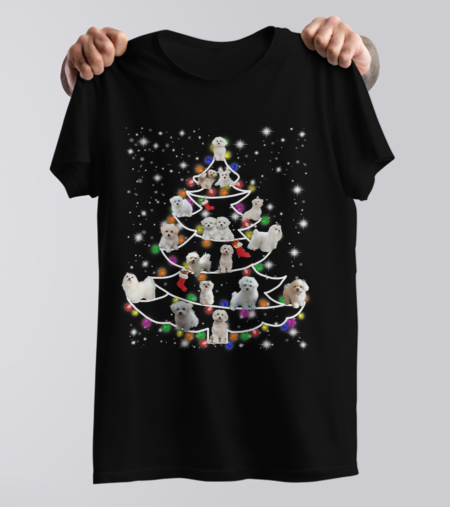 Maltese Dogs Christmas Tree Fairy Light Holiday Scene T-Shirt