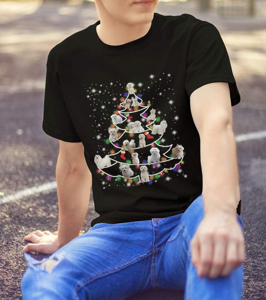 Maltese Dogs Christmas Tree Fairy Light Holiday Scene T-Shirt