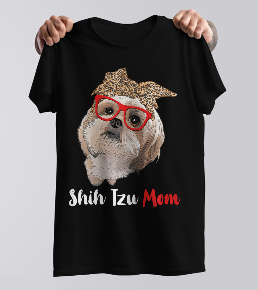 Shih Tzu Mom Leopard Print Bow Cute Dog Lover Red Glasses T-Shirt