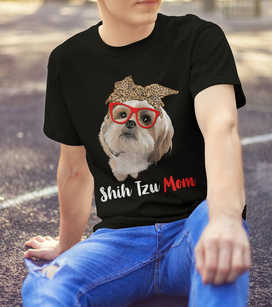 Shih Tzu Mom Leopard Print Bow Cute Dog Lover Red Glasses T-Shirt