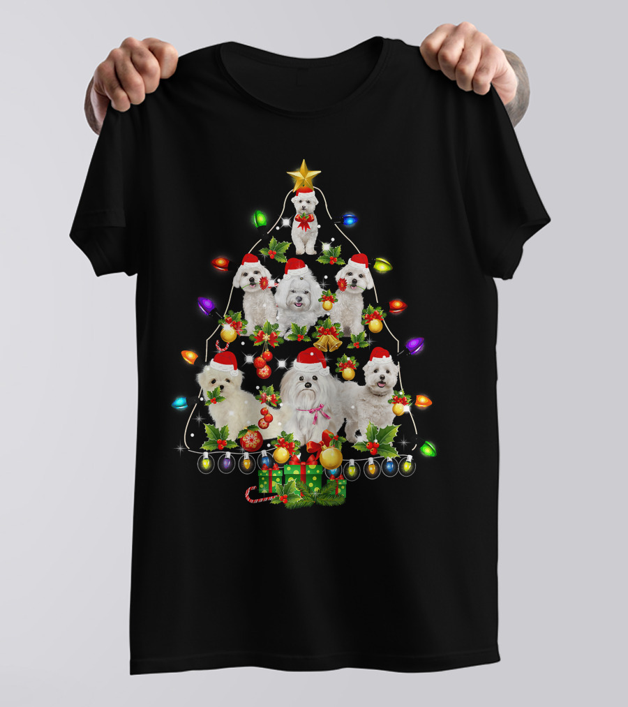 Maltese Christmas Tree Santa Funny Dogs Lights Holiday T-Shirt
