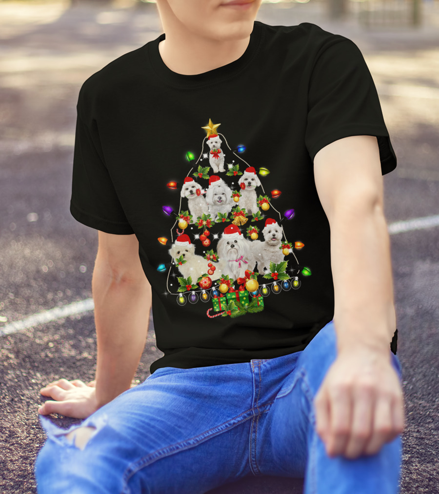 Maltese Christmas Tree Santa Funny Dogs Lights Holiday T-Shirt