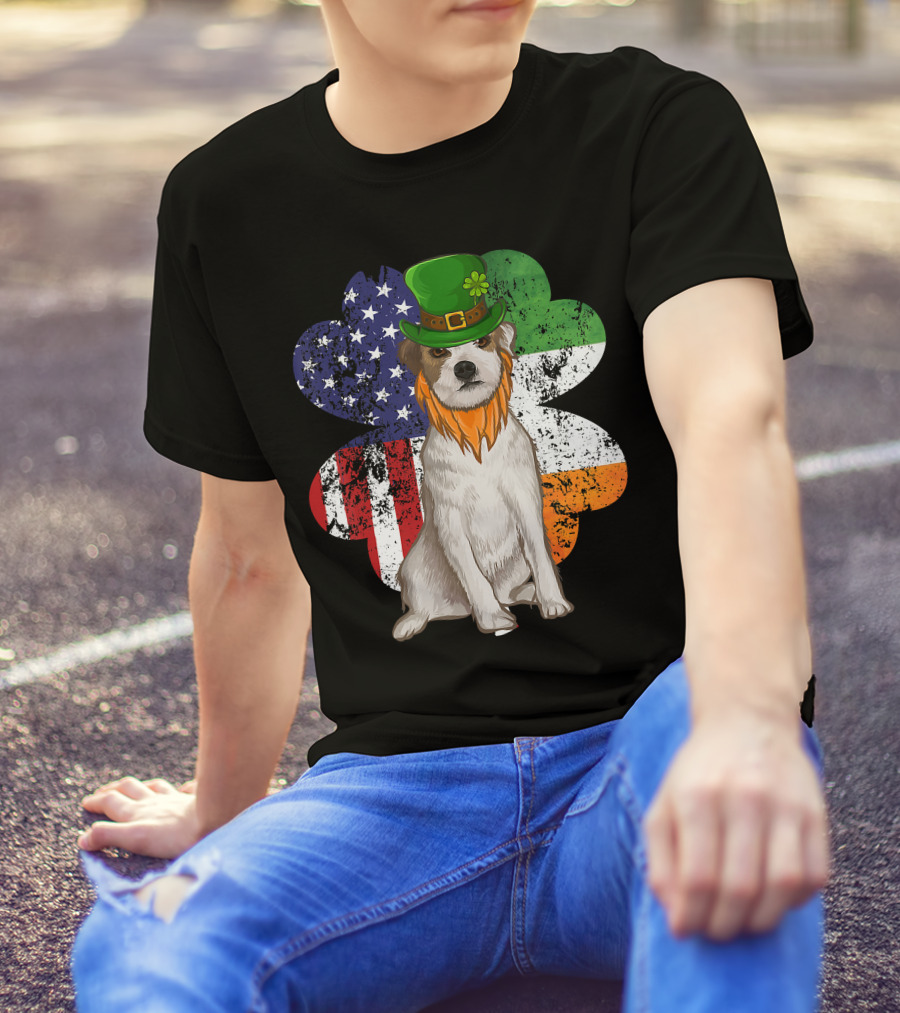 Irish American Parson Terrier Wearing Leprechaun Hat With USA And Ireland Flags Shamrock St. Patrick's Day T-Shirt