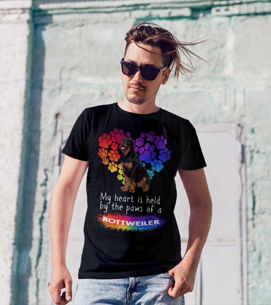 My Heart Is Held By The Paws Of A Rottweiler Rainbow Paw Print Heart T-Shirt