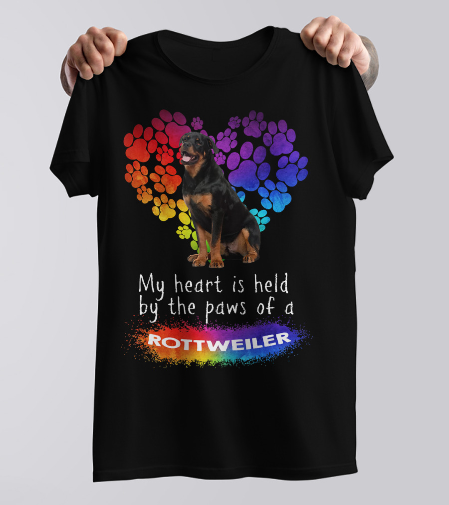 My Heart Is Held By The Paws Of A Rottweiler Rainbow Paw Print Heart T-Shirt