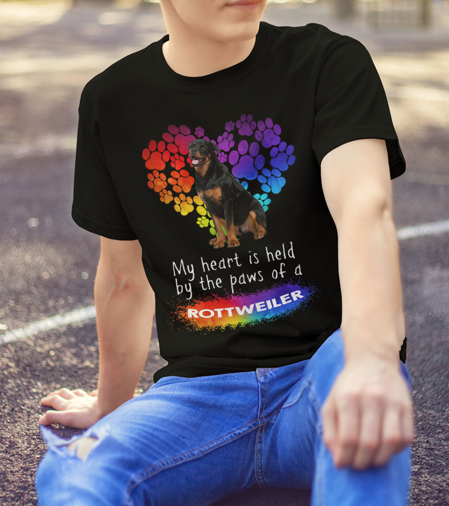 My Heart Is Held By The Paws Of A Rottweiler Rainbow Paw Print Heart T-Shirt