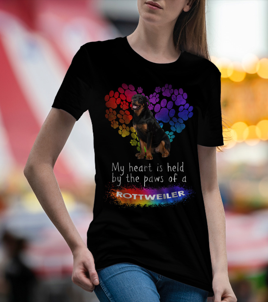 My Heart Is Held By The Paws Of A Rottweiler Rainbow Paw Print Heart T-Shirt