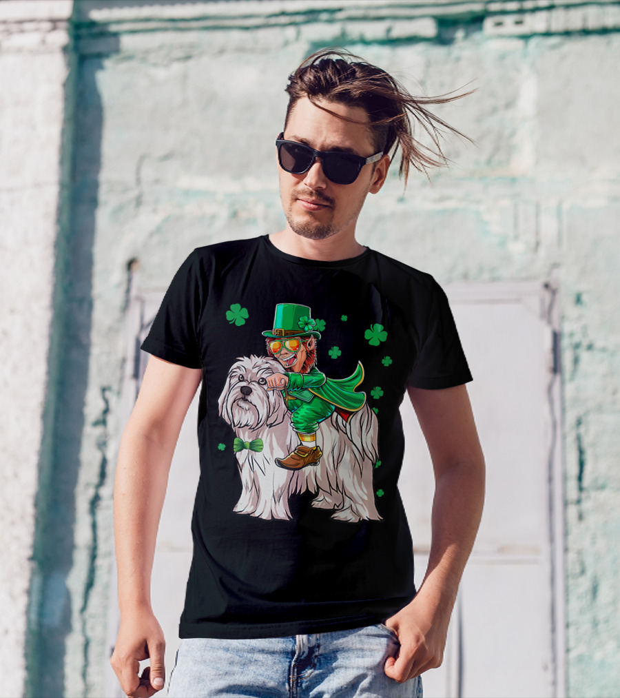 Leprechaun Riding Maltese Dog With Shamrocks T-Shirt