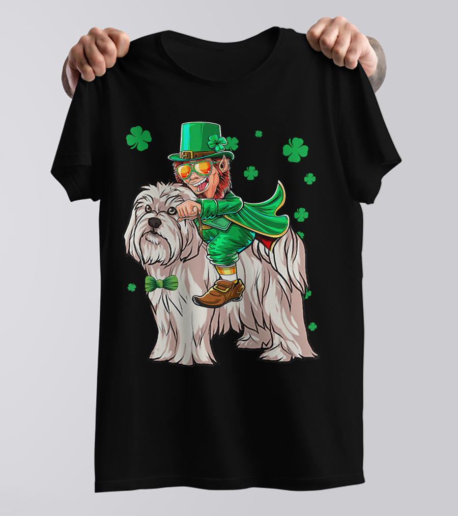Leprechaun Riding Maltese Dog With Shamrocks T-Shirt