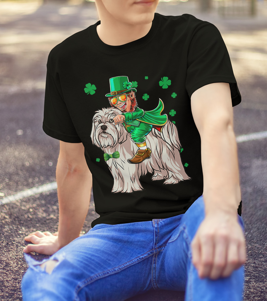 Leprechaun Riding Maltese Dog With Shamrocks T-Shirt