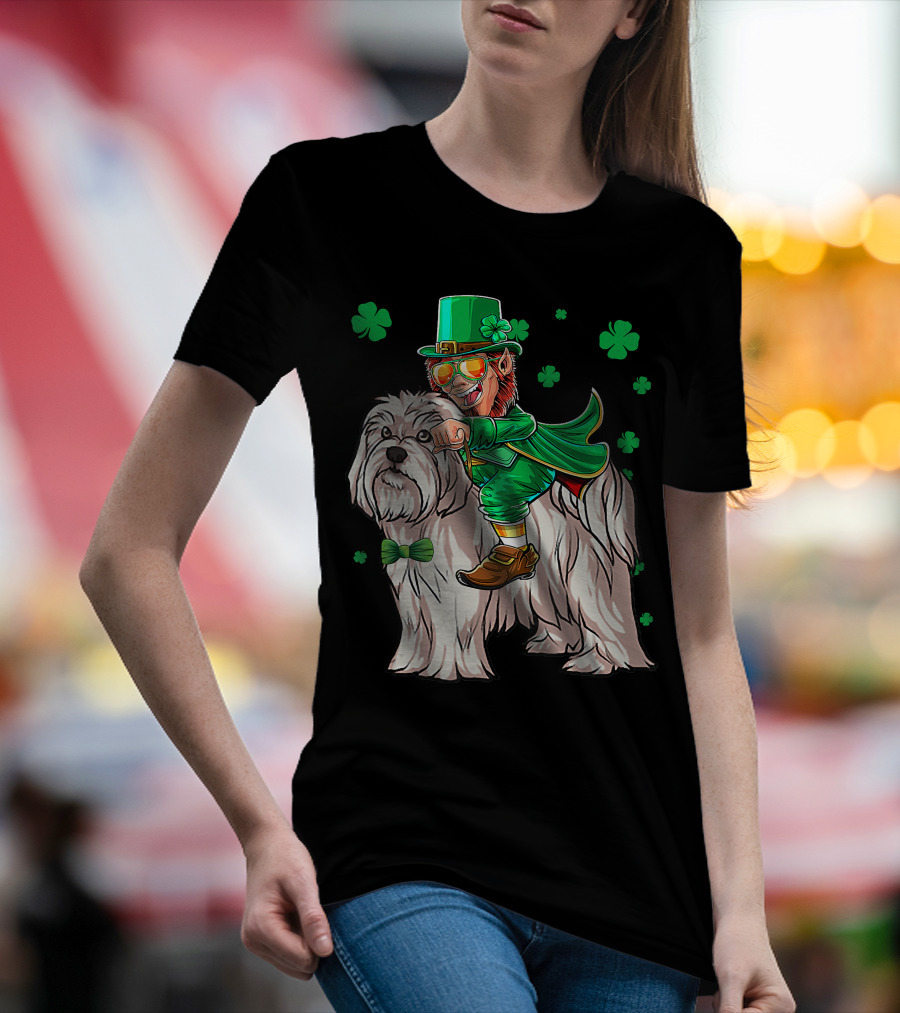 Leprechaun Riding Maltese Dog With Shamrocks T-Shirt