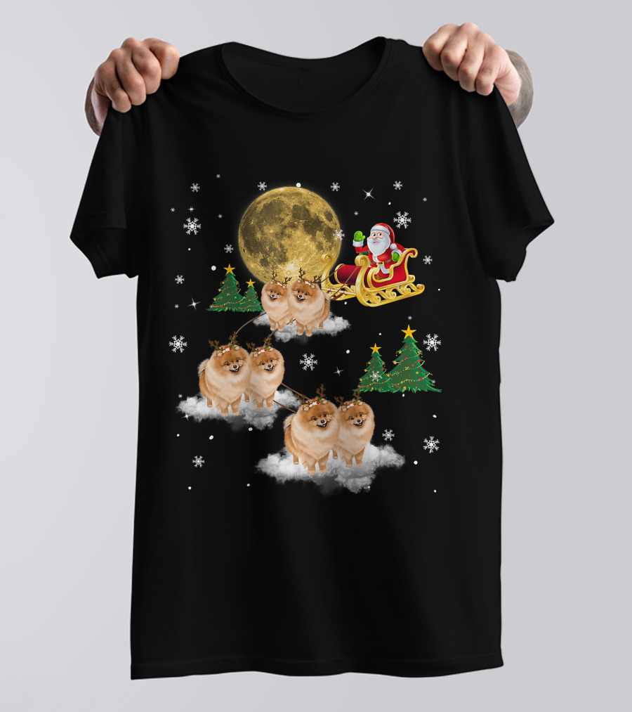Pomeranian Christmas Santa Sled With Reindeer Funny Dog Love T-Shirt