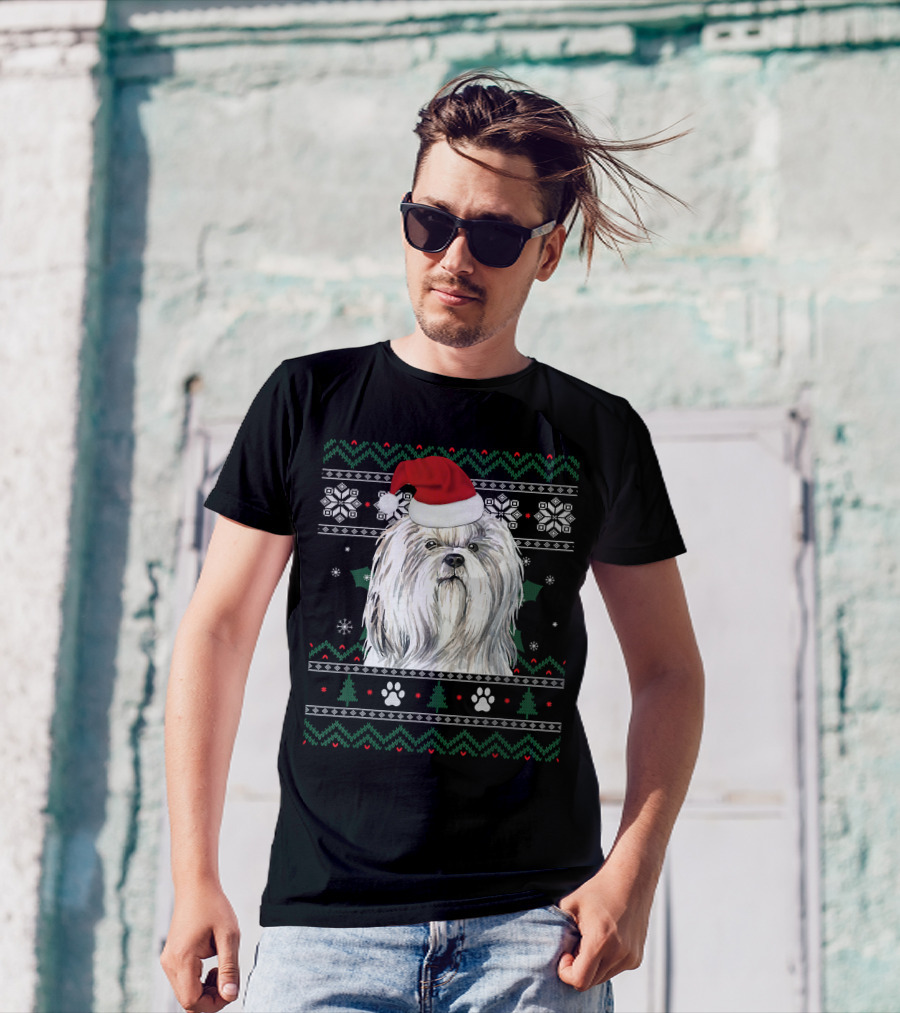 Cute Shih Tzu Dog Wears Santa Hat Christmas Pattern Snowflakes And Trees T-Shirt
