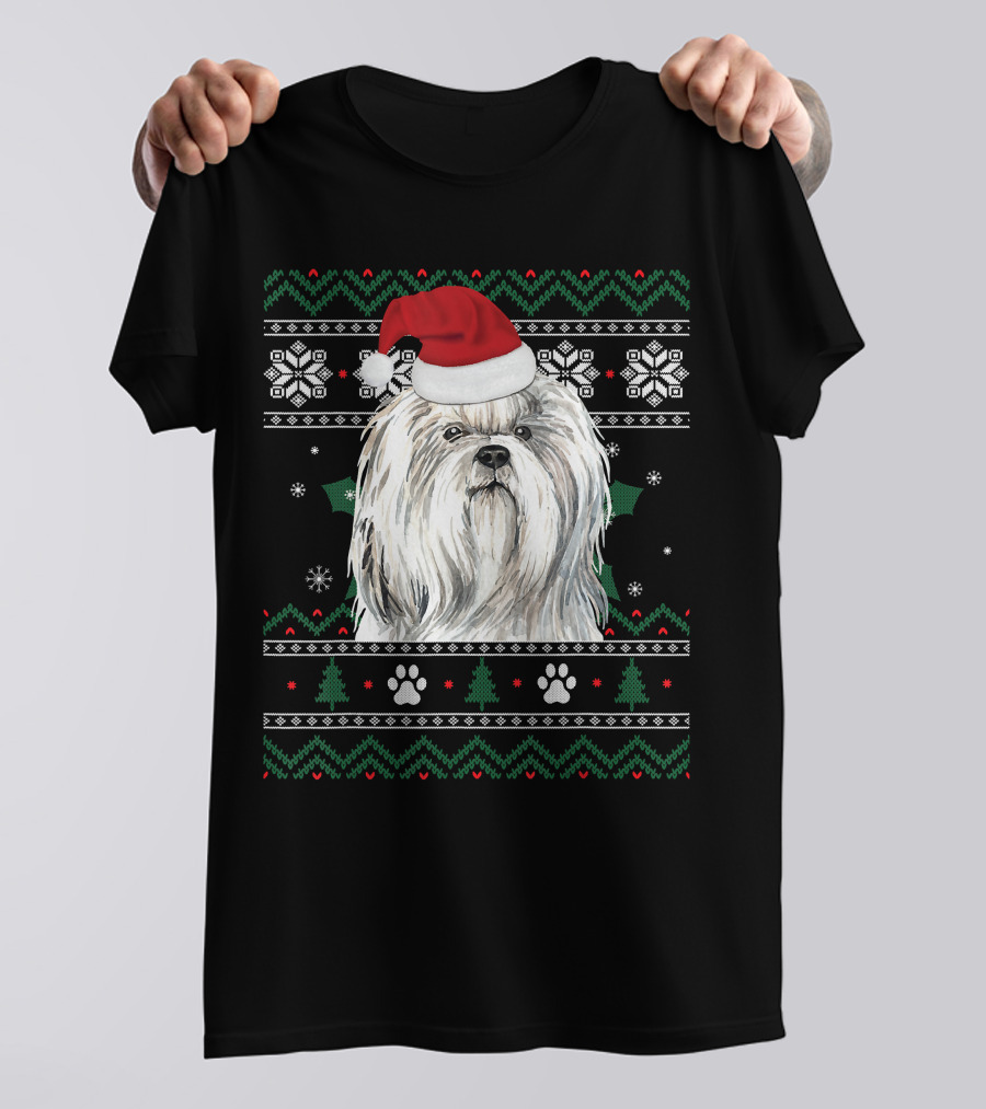 Cute Shih Tzu Dog Wears Santa Hat Christmas Pattern Snowflakes And Trees T-Shirt