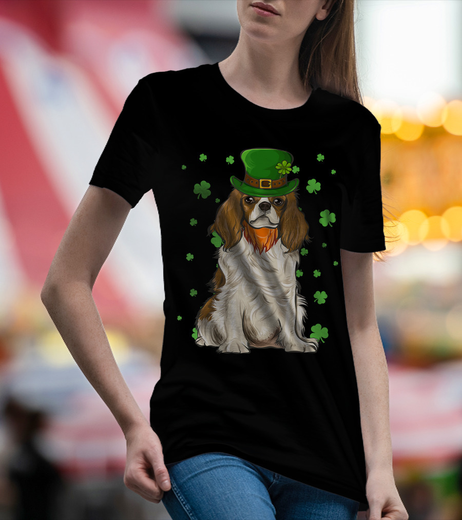 St Patricks Day Cavalier King Charles Spaniel Green Hat Clover T-Shirt