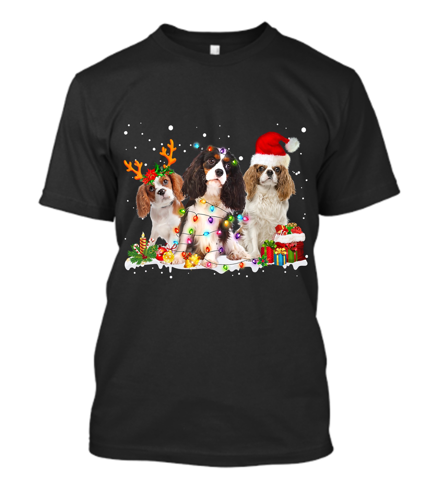 Cavalier King Charles Spaniel Festive Christmas Lights And Santa Hat Snow Scene T-Shirt