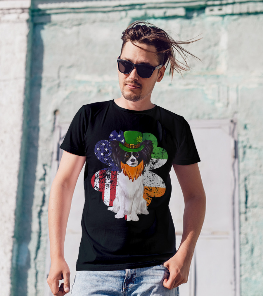 St Patricks Day Irish American Flag Papillon Dog With Leprechaun Hat And Shamrock T-Shirt