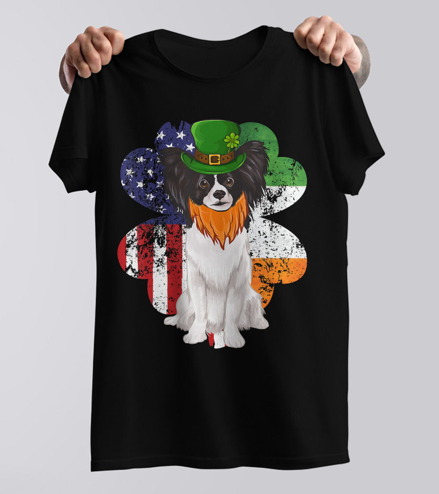 St Patricks Day Irish American Flag Papillon Dog With Leprechaun Hat And Shamrock T-Shirt