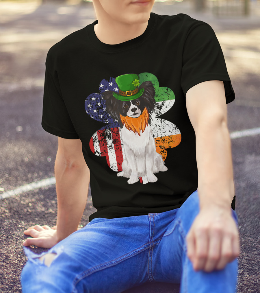 St Patricks Day Irish American Flag Papillon Dog With Leprechaun Hat And Shamrock T-Shirt
