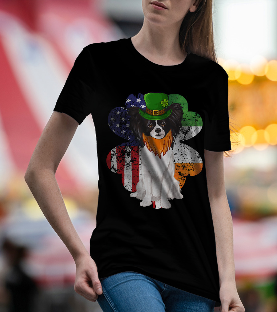 St Patricks Day Irish American Flag Papillon Dog With Leprechaun Hat And Shamrock T-Shirt