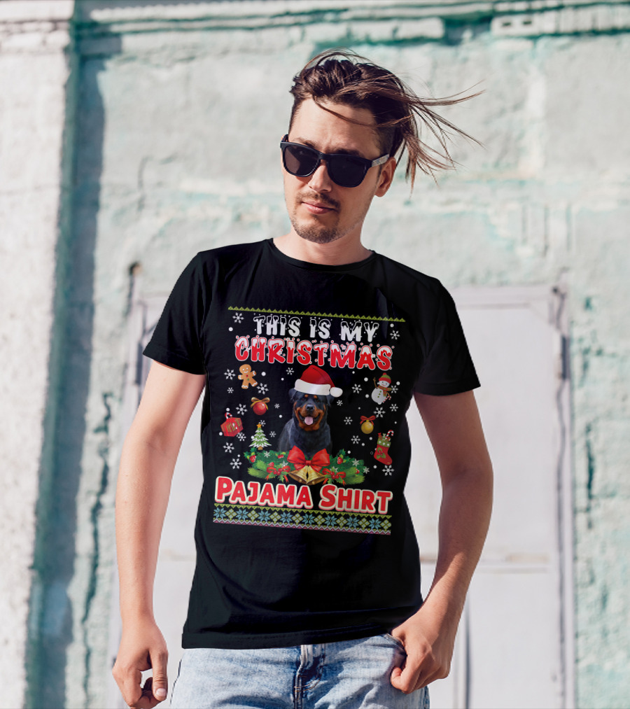 This Is My Christmas Pajama Shirt Rottweiler Santa Hat Gingerbread Snowman Pine Trees T-Shirt