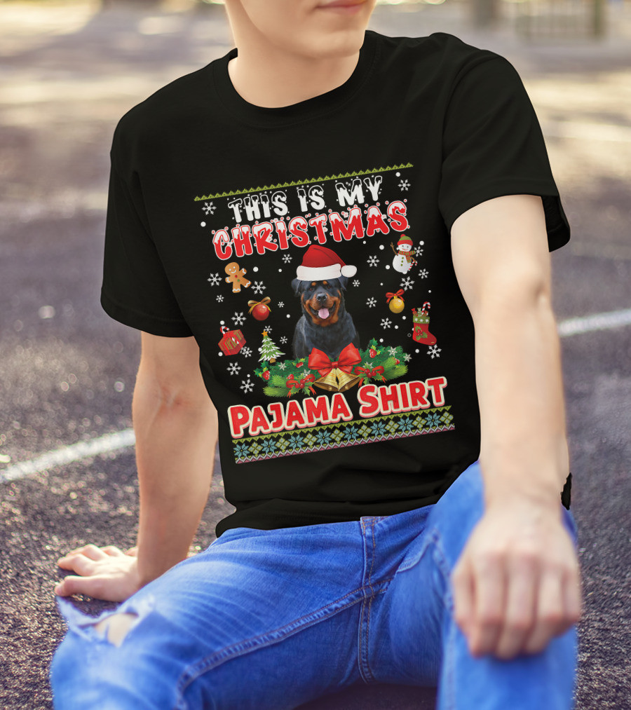 This Is My Christmas Pajama Shirt Rottweiler Santa Hat Gingerbread Snowman Pine Trees T-Shirt