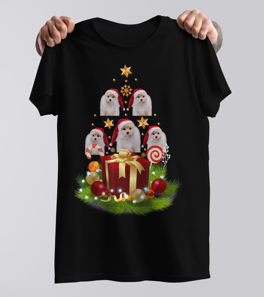 Santa Pomeranian Christmas Tree With Presents And Candy Canes T-Shirt